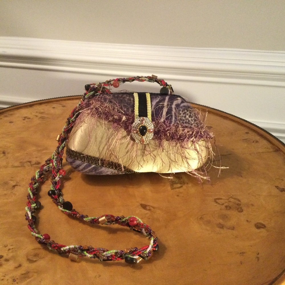 Gold and Purple Feather Accent Shoulder Bag